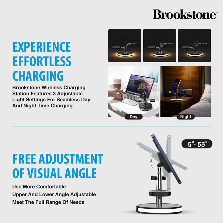 Brookstone 3-in-1 Wireless Charging Station Magnetic Charging Fast Wireless Charger Stand for iPhone 15,14,13,12 Pro Max Series, All iWatch Series & Android Phone with Qi Charging