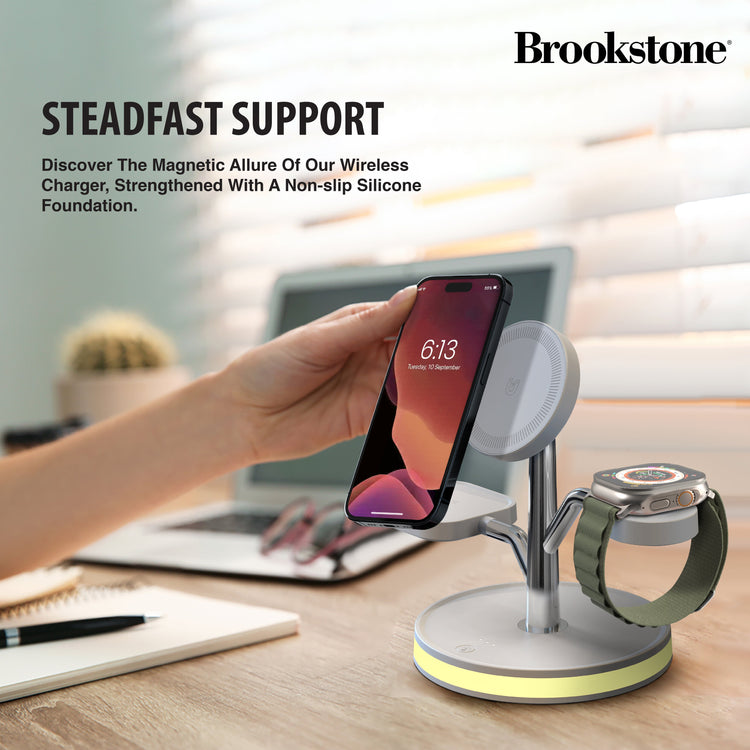 Brookstone 3-in-1 Wireless Charging Station Magnetic Charging Fast Wireless Charger Stand for iPhone 15,14,13,12 Pro Max Series, All iWatch Series & Android Phone with Qi Charging